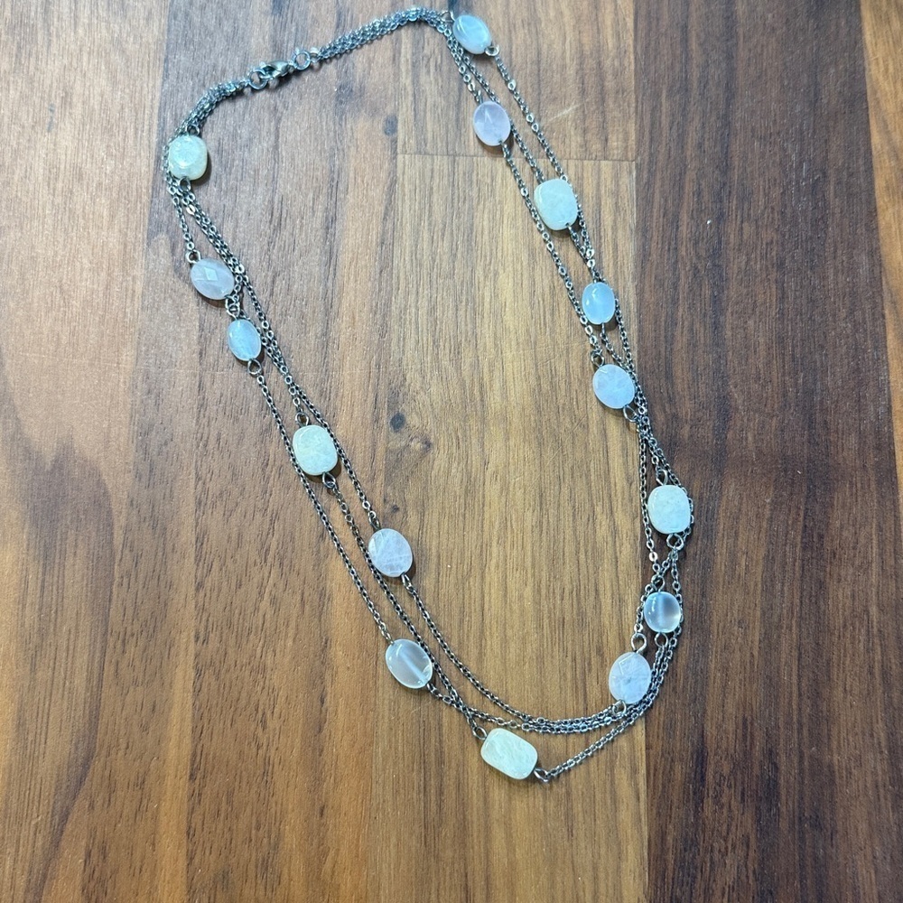 Silver Tone Triple Multi Strand Pink Pastel White Station Beaded Necklace